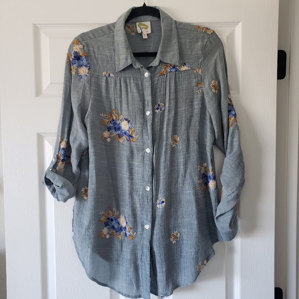 Anthro Fig and Flower Dusty Grey Blue Embroidered Collar Cottagecore Top #31 - Picture 2 of 9
